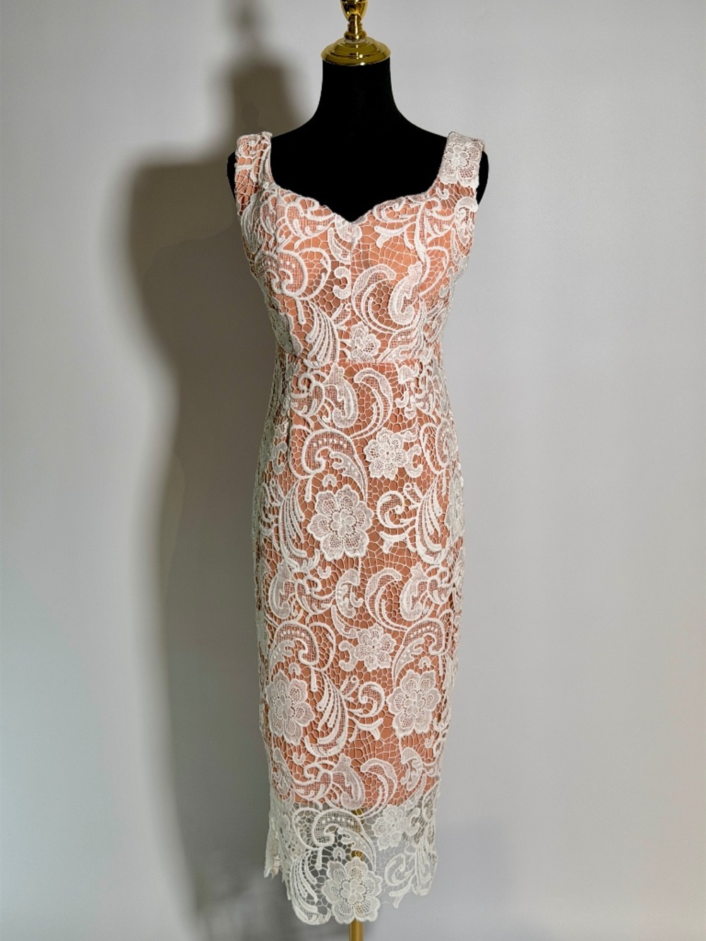Few Moda White Lace Overlay Nude Midi Dress Size Medium Elegant Occasion Dress